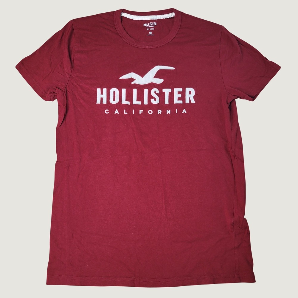 Hollister California Mens Small Burgundy Maroon Embroidered Logo T-Shirt S Y2K